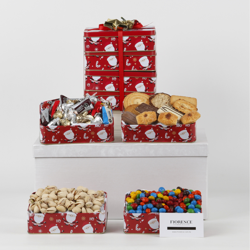 Torre de Santa Claus y Amigos con Galletas, Chocolates y Pistaches