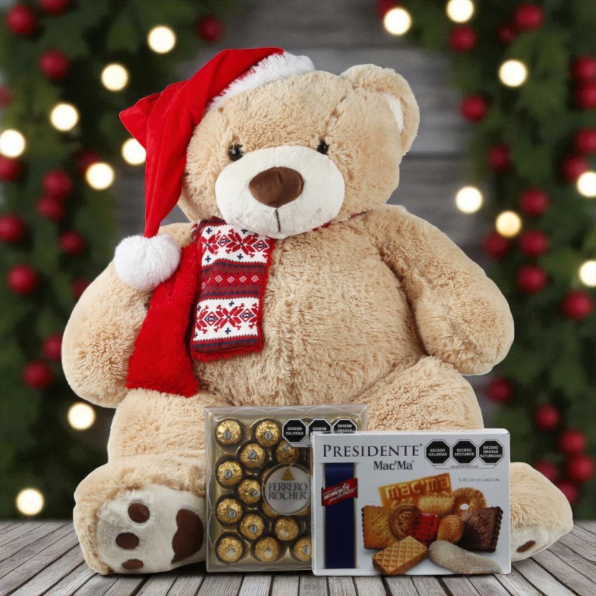 Oso de Peluche Navideño con Chocolates y Galletas