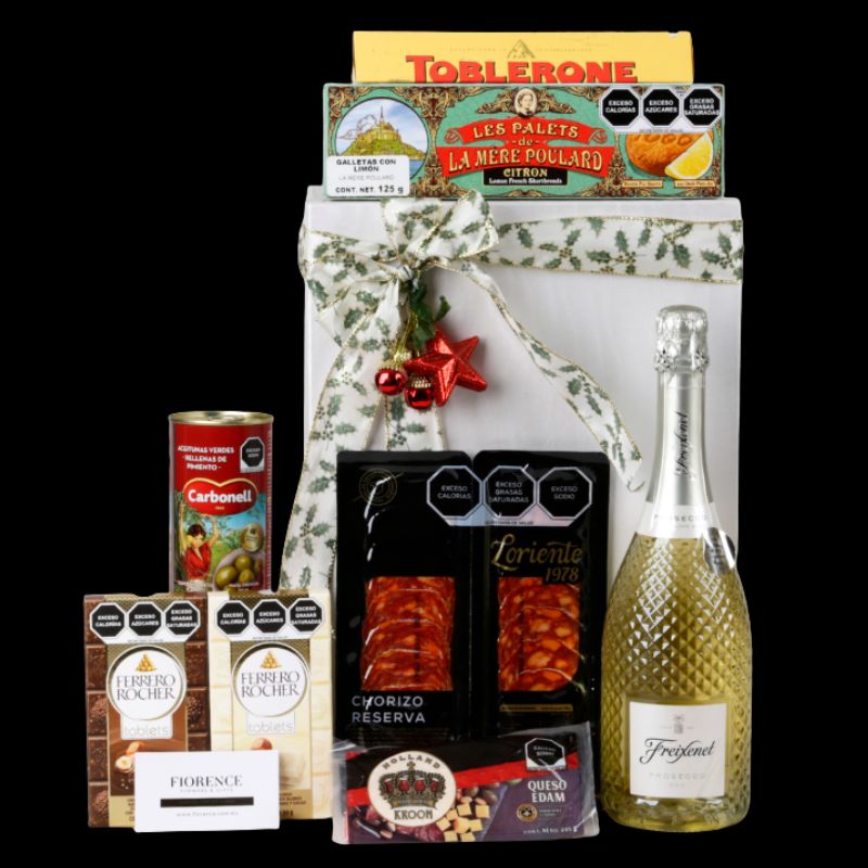 Caja Gourmet Navideña con Vino Espumoso, Chocolates y Snacks