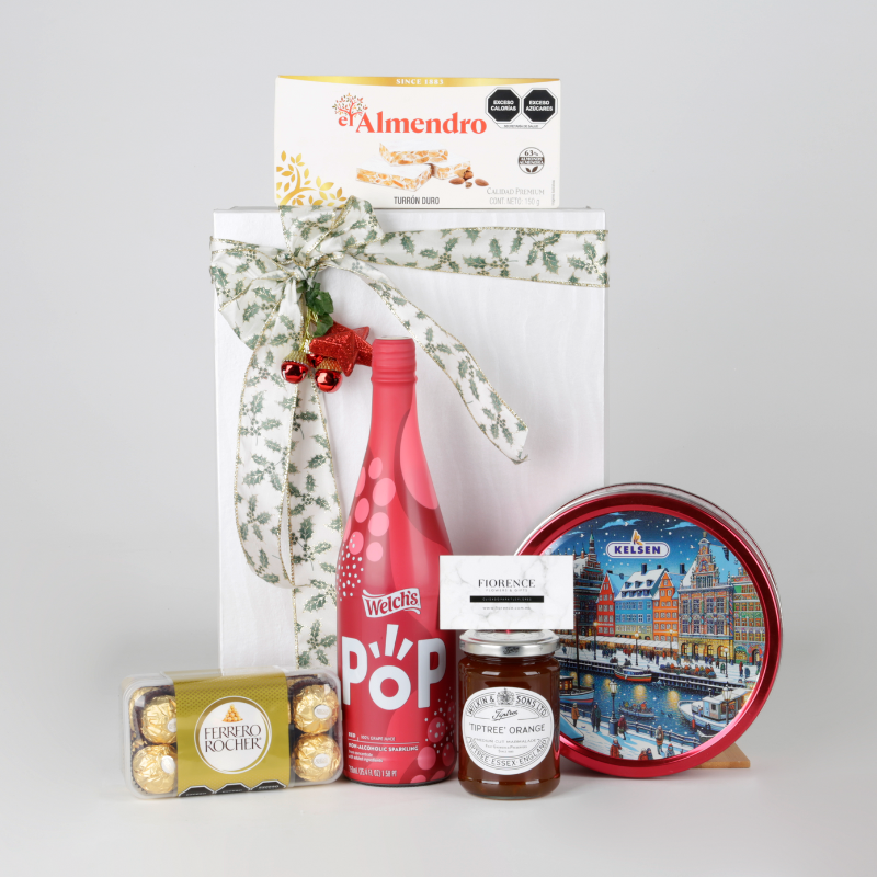 Caja Gourmet con Jugo Espumoso, Mermelada de Naranja y delicias premium.