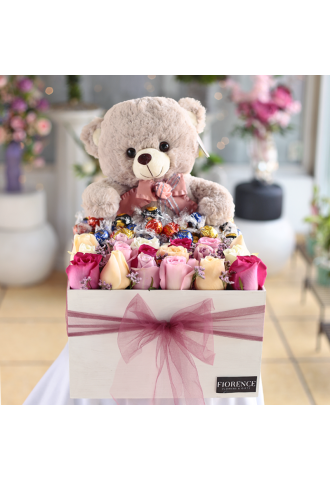 Exclusive Gift Box with Teddy Bear, Roses and Imported Chocolates
