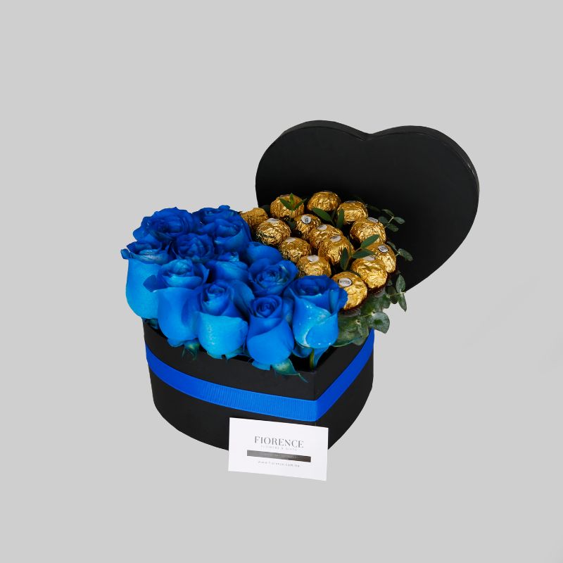 Caja Corazón Negra – Rosas Azules y Ferrero Rocher para Él
