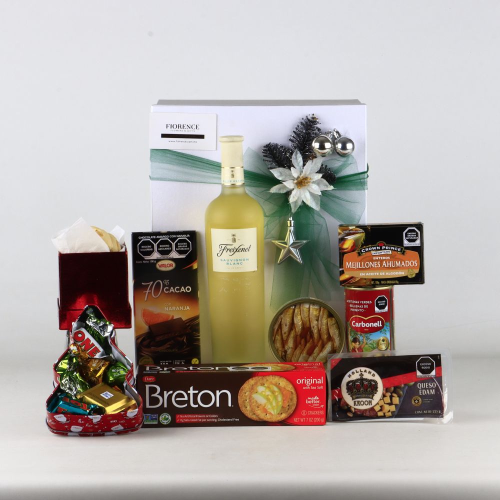 Caja Navideña de Regalo Vino Blanco Español Freixenet | Mariscos, Queso & Chocolate Gourmet