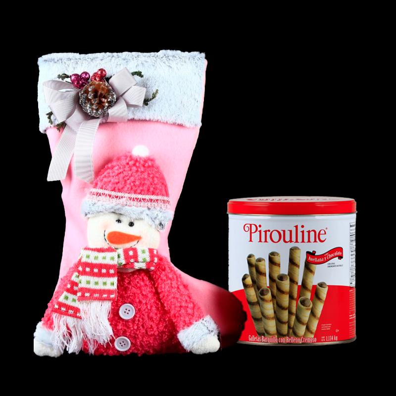 Bota Navideña Rosa con Muñeco de Nieve, Moño decorativo y Galletas Gourmet
