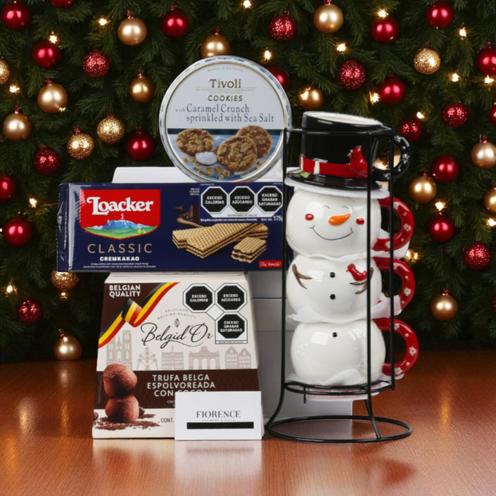 Torre de Tazas Navideñas con Chocolates y Galletas