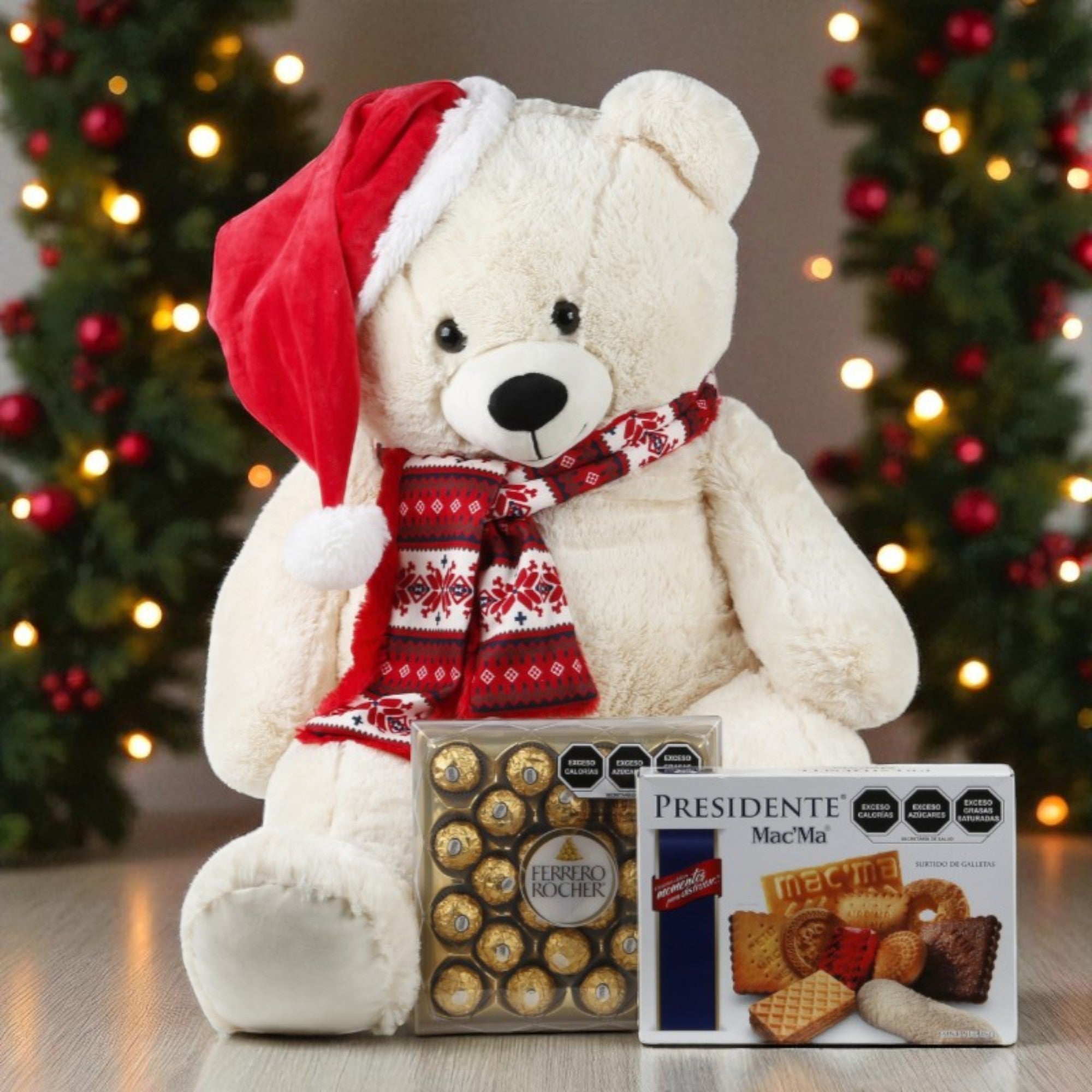 Osito Polar Navideño con Chocolates y Galletas