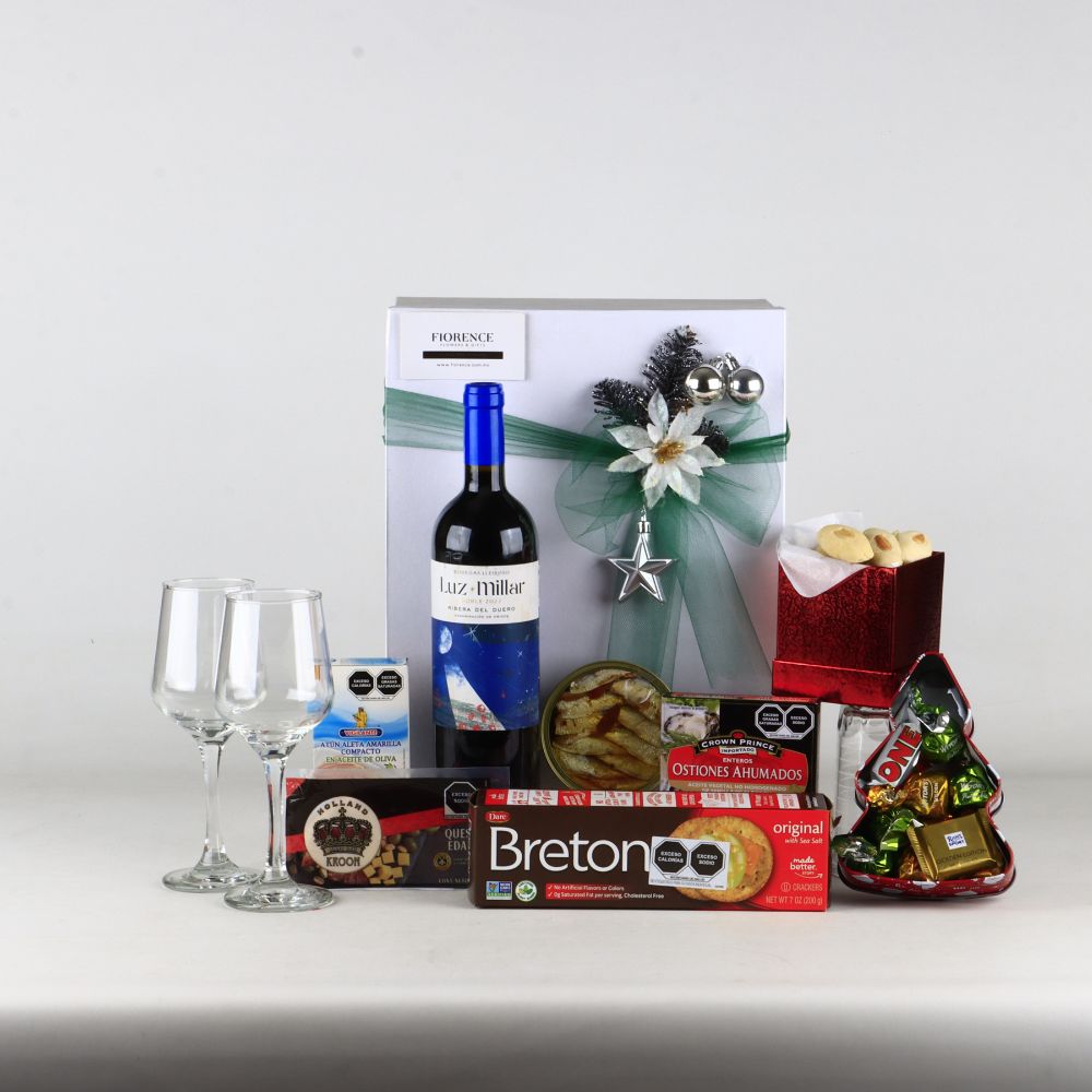 Caja de Regalo Navideña Gourmet con Vino Tinto Ribera del Duero
