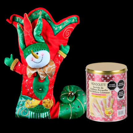 Colorida Bota Navideña con Alegre Muñeco de Nieve disfrazado de Duende, y Galletas Gourmet