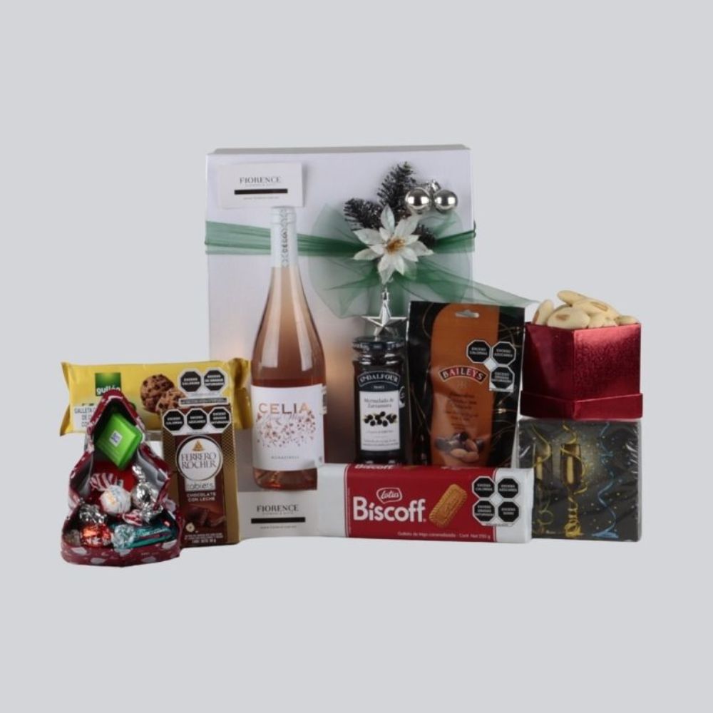 Caja Navideña Rosé Gourmet | Vino Celia, Ferrero Rocher & Bocadillos Selectos