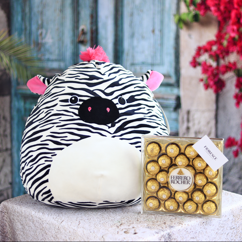 Chocolates, Zebra, Squishmallows, Peluche, Ferrero, Puebla, regalos con entrega, Fiorence, Cholula, para niño, cumpleaños, amor, niños, niñas, para ella