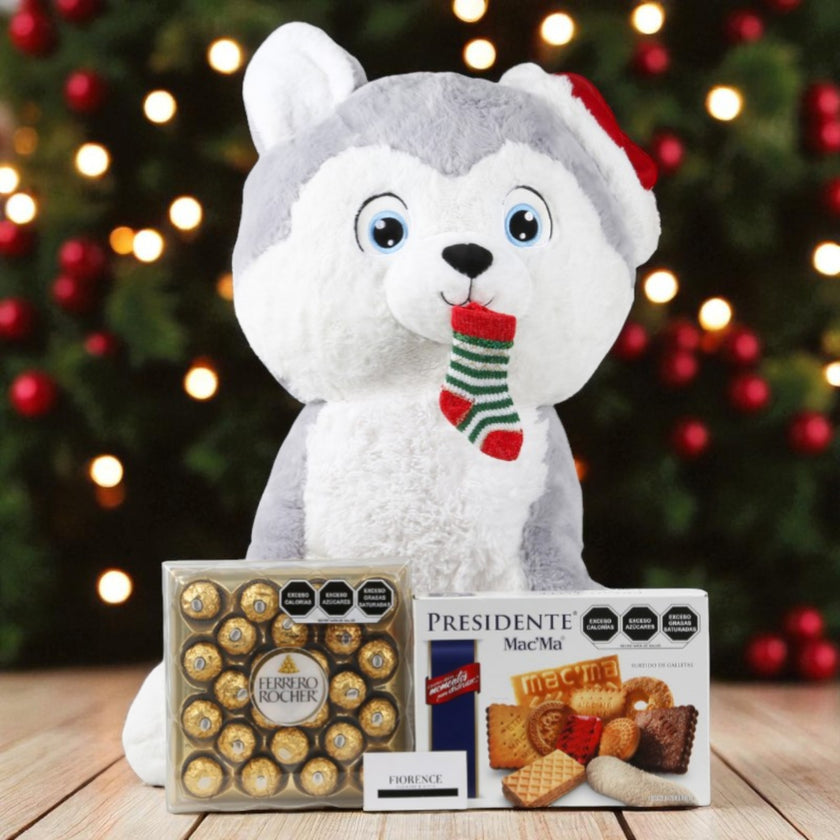 Large Christmas Husky Plush with chocolates and cookies