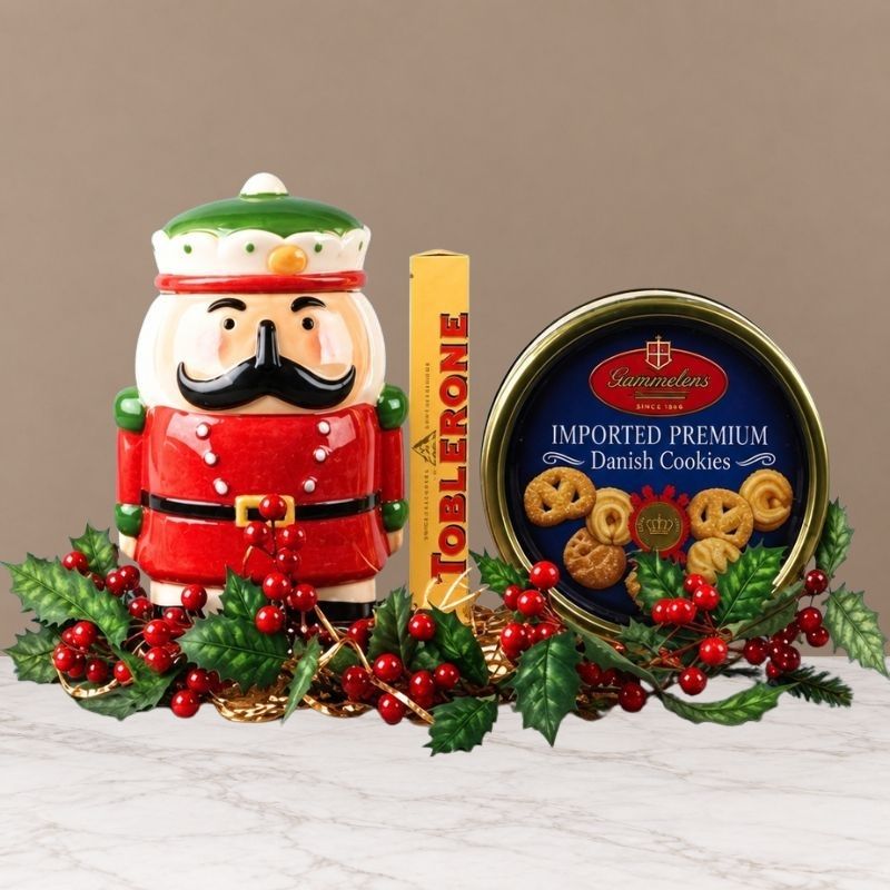 Nutcracker Cookie Jar with Cookies and Toblerone