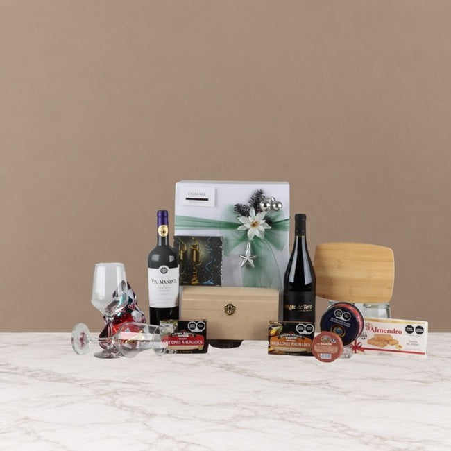 Caja de Regalo Navideña con Botellas de Vino Tinto y Curaduría Gourmet