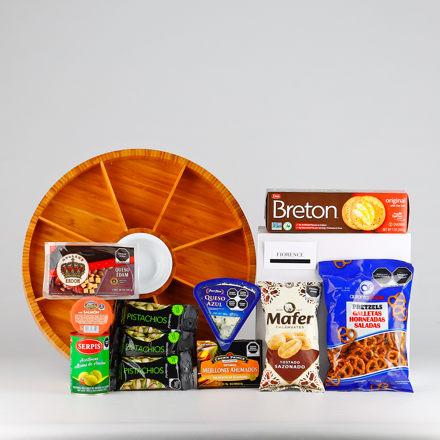 Botanero de bambú de lujo y productos gourmet