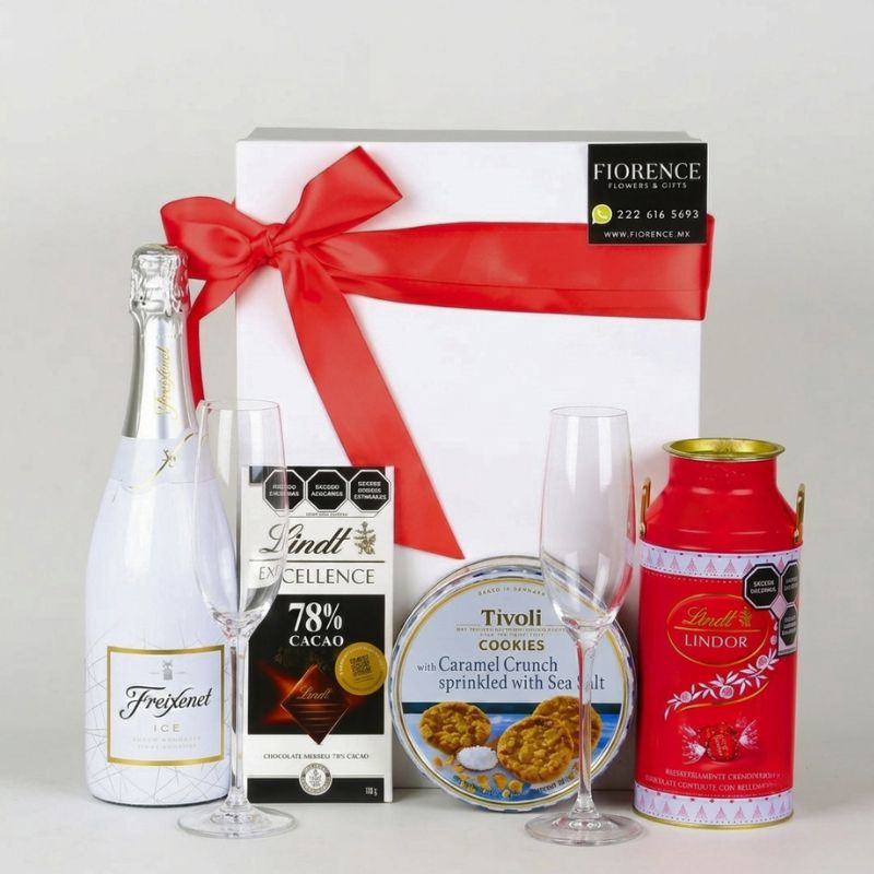 Regalo con Vino Blanco Espumoso y Chocolates