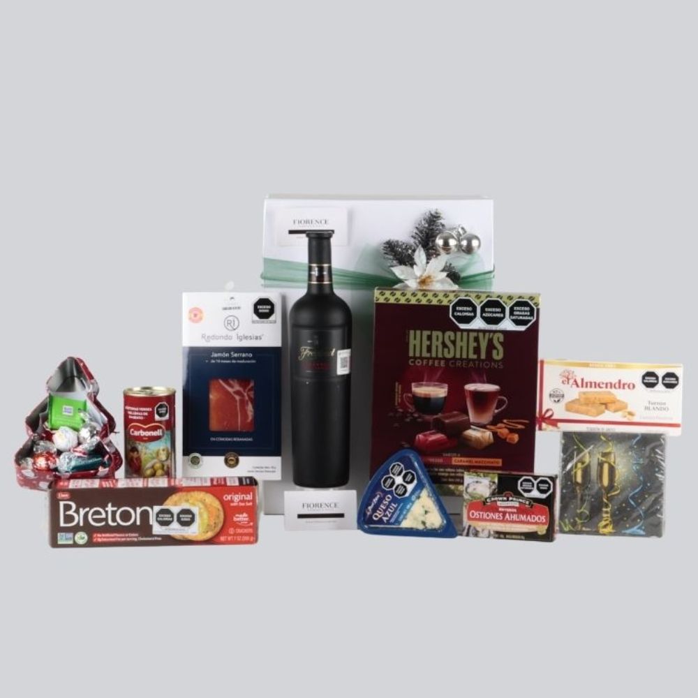 Gourmet Christmas Box for Him: Freixenet Red Wine, Serrano Ham, Cheese, and Coffee Chocolates