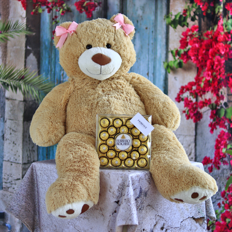 Large Honey-Colored Teddy Bear with Chocolates