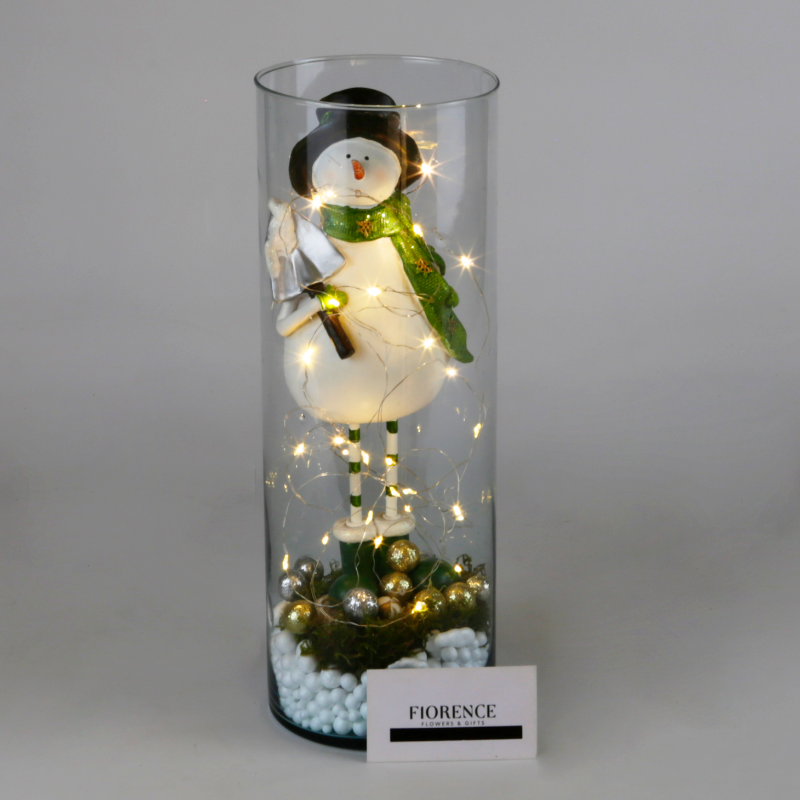Christmas Snowman Glass Cylinder with LED Lights