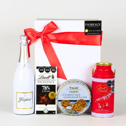 Regalo con Vino Blanco Espumoso y Chocolates