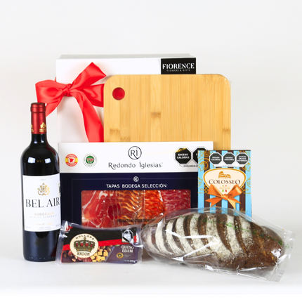 Regalo con Vino Tinto Español y Productos Gourmet