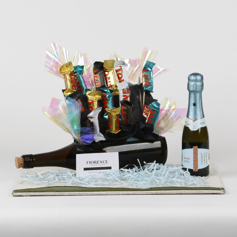 Candy Bouquet of Mini Toblerone bars and Sparkling Wine