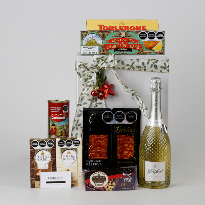 Caja Gourmet Navideña con Vino Espumoso, Chocolates y Snacks