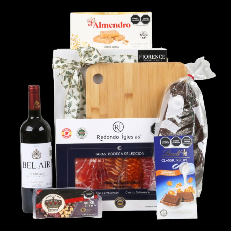 Regalo Navideño con Vino Tinto Español y Productos Gourmet