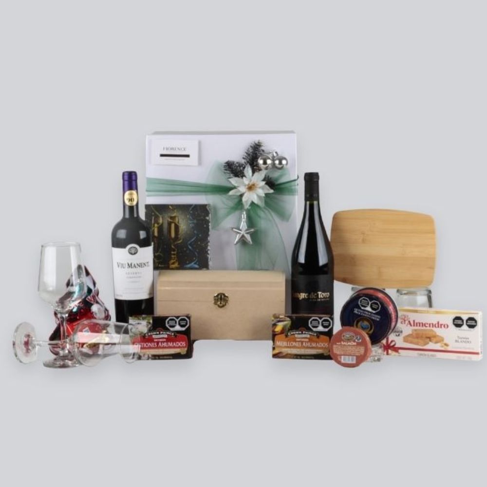Christmas Gift Box with Red Wine Bottles and Gourmet Selection