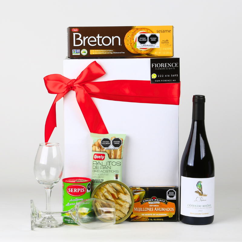 Caja de Regalo con Vino Tinto Francés y selección gourmet