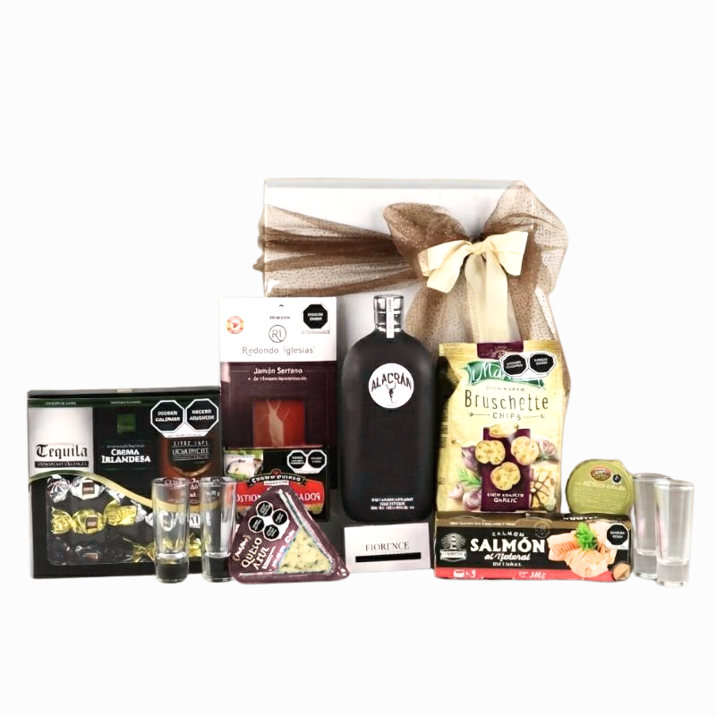 Caja de regalo con Tequila Alacrán Blanco – Jamón Serrano, Queso Azul, Salmón y Bruschette