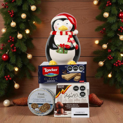 Regalo con Galletero de cerámica en forma de Pingüino y delicias navideñas