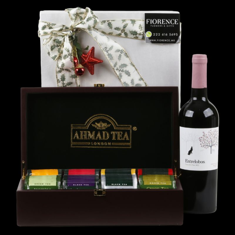 Regalo con Tés Ahmad en Estuche de Madera de Lujo y Vino Tinto