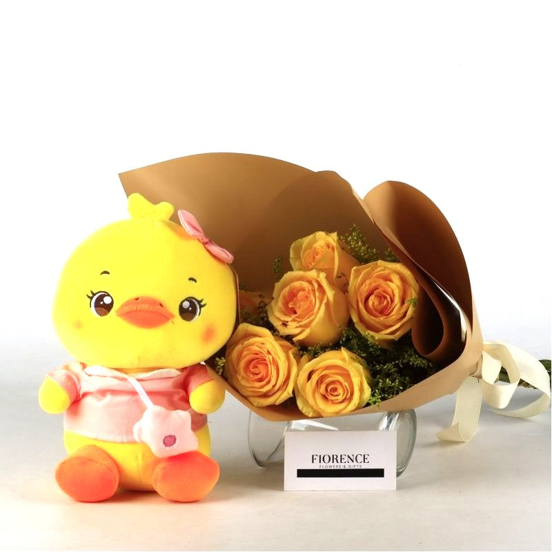 Plush Paw and Yellow Roses