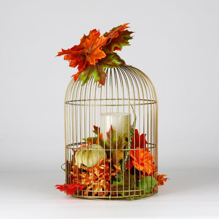 Adorno Otoñal con Vela LED en Jaula Dorada