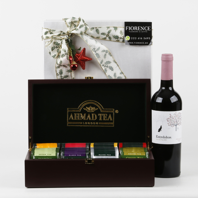 Regalo con Tés Ahmad en Estuche de Madera de Lujo y Vino Tinto