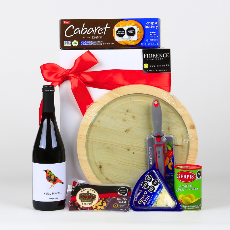 Regalo Gourmet con Tabla para botanas, Vino Tinto y Más