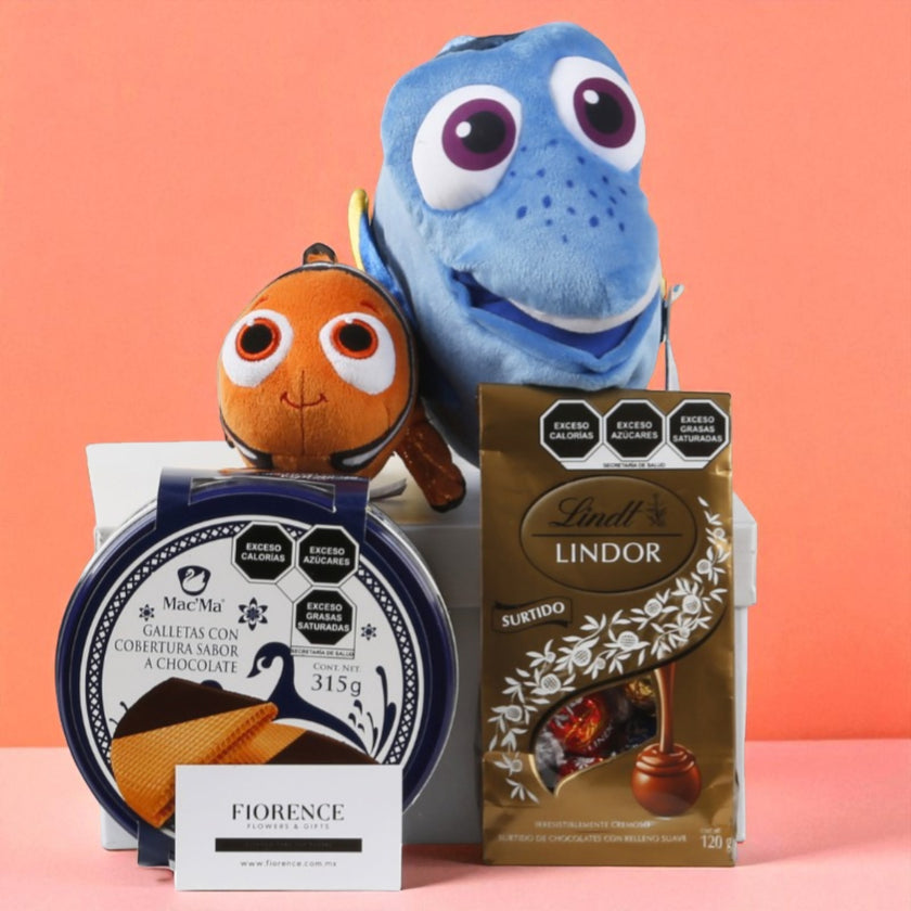 Nemo and Dory plush toys with chocolates and cookies