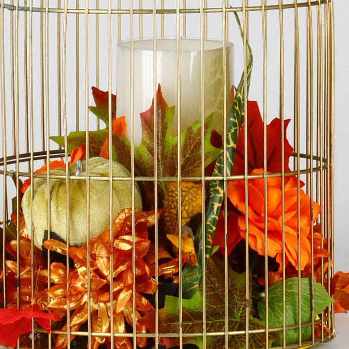 Adorno Otoñal con Vela LED en Jaula Dorada