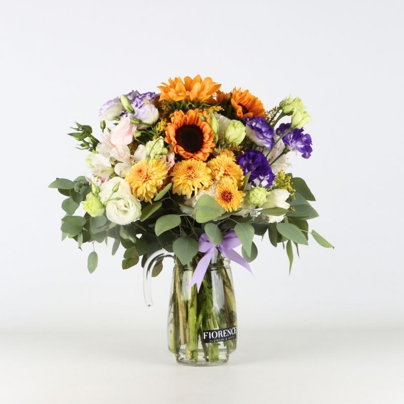 Sunflowers, Lisianthus & Daisies in Reusable Glass Pitcher