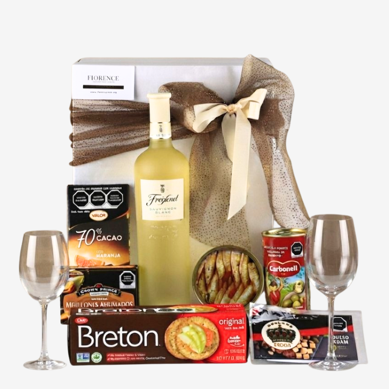 Caja de Regalo Vino Blanco Español Freixenet | Mariscos, Queso & Chocolate Gourmet
