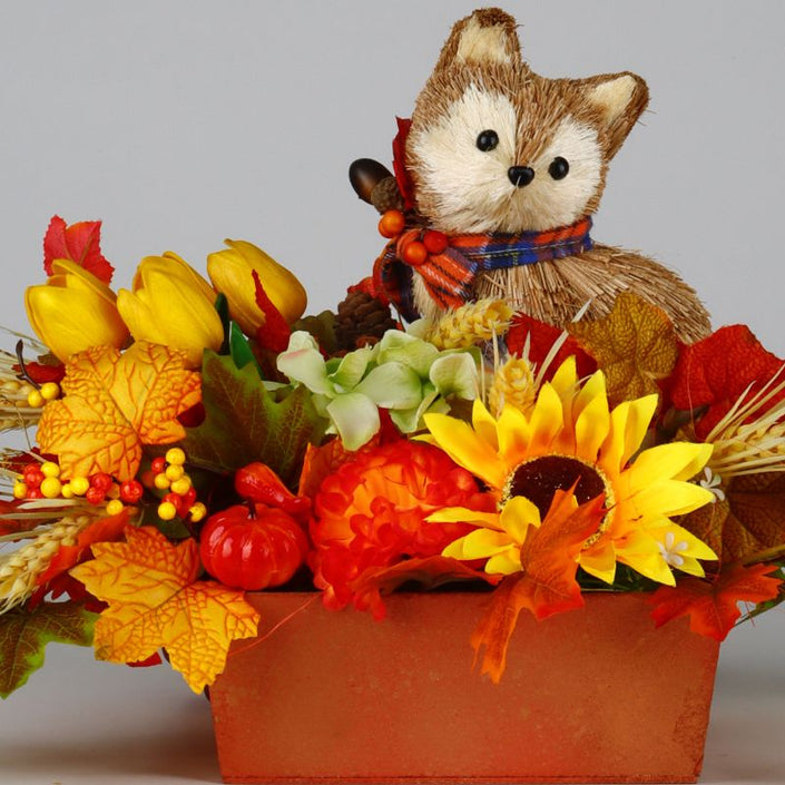 Fall Centerpiece with Fox Puppy & Tulips