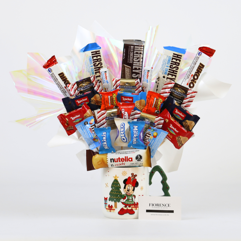 Candy Bouquet in a Minnie Mouse Christmas Mug with Plush