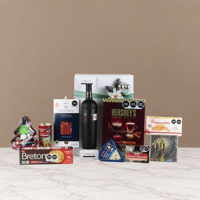 Box Gourmet Navideña para Él: Vino Tinto Freixenet, Jamón Serrano, Queso y Chocolates de Café