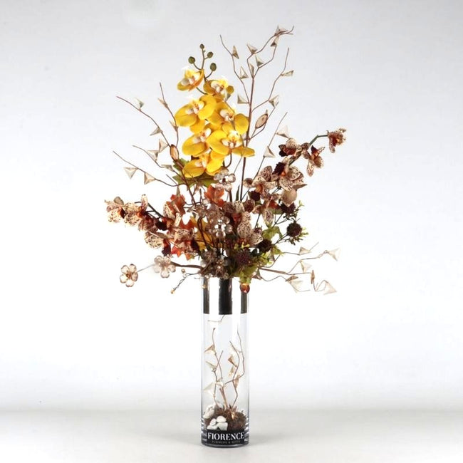 Arreglo Floral con Orquídeas Artificiales y Florero de Cristal