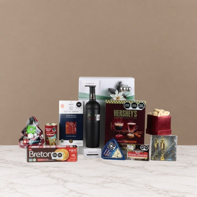 Box Gourmet Navideña para Él: Vino Tinto Freixenet, Jamón Serrano, Queso y Chocolates de Café