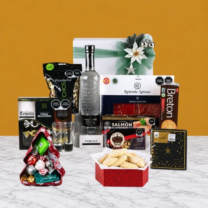 Regalo Gourmet Navideño con Tequila Reposado Maestro Dobel Diamante y Variedad de Productos