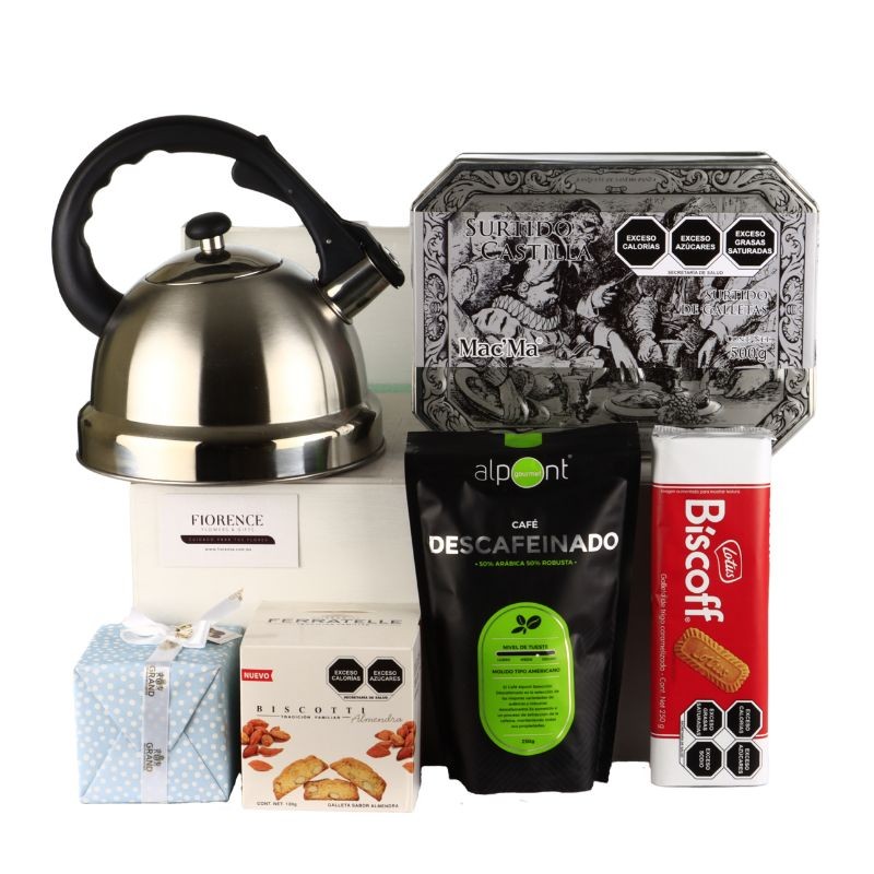 Caja de Regalo con Tetera de acero inoxidable Mr. Coffee, Galletas y Café