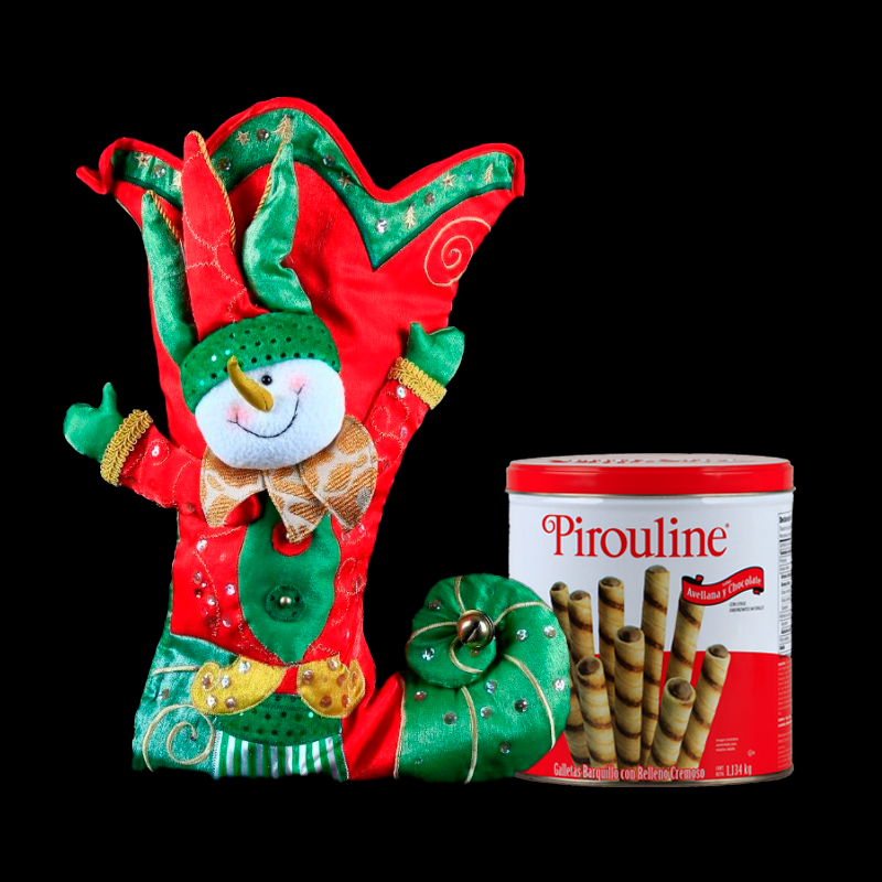 Colorida Bota Navideña con Alegre Muñeco de Nieve disfrazado de Duende, y Galletas Gourmet