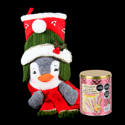 Festiva Bota Navideña Decorativa con Tierno Pingüino y Galletas con Relleno Cremoso.