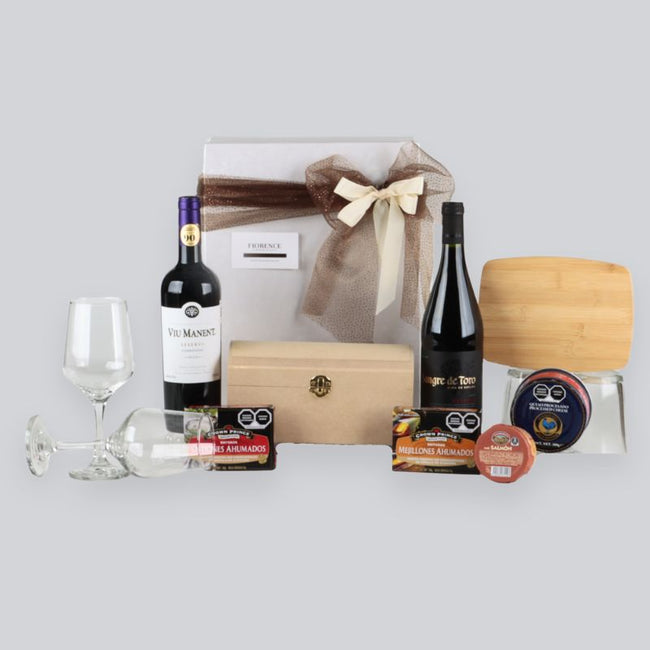 Gift Box with Red Wine Bottles and Gourmet Selection